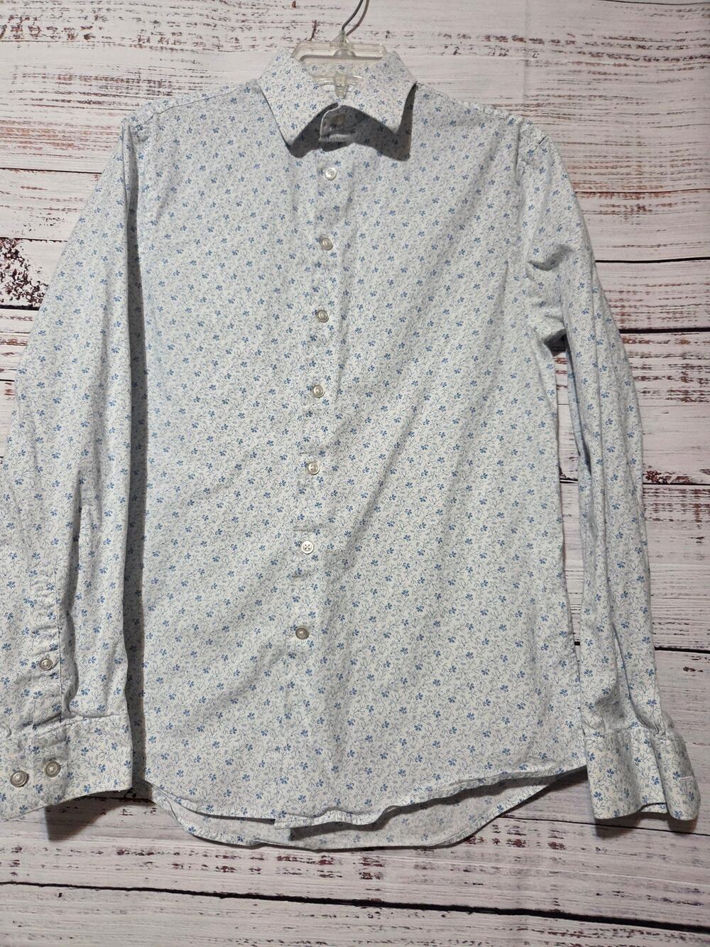 Express Shirt Men's Small Slim 1MX White Blue Floral Button Front Long Sleeve